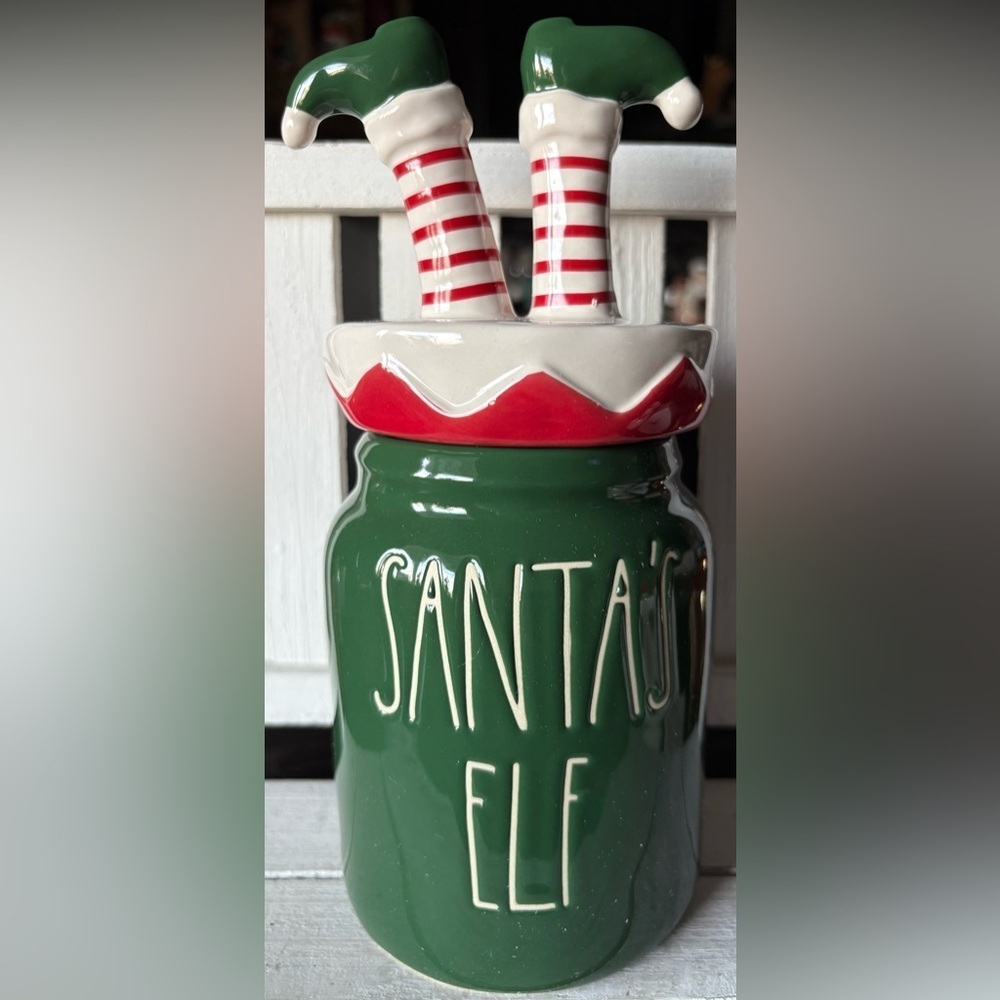Rae Dunn Green and Red Santa's Elf Cookie Jar